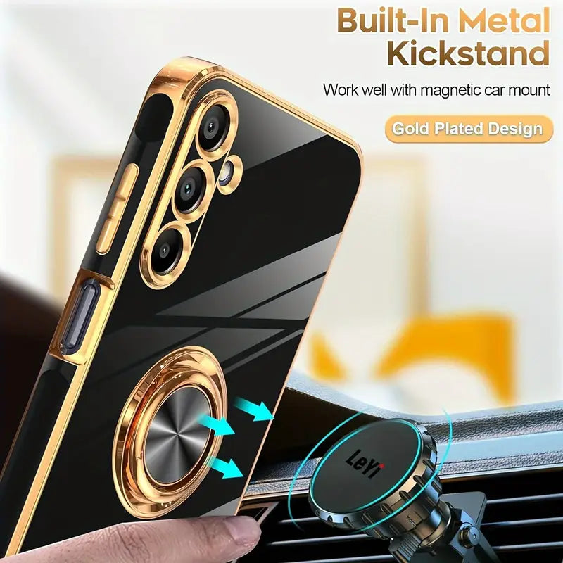 Magnetic Ring Kickstand Case with Tempered Glass